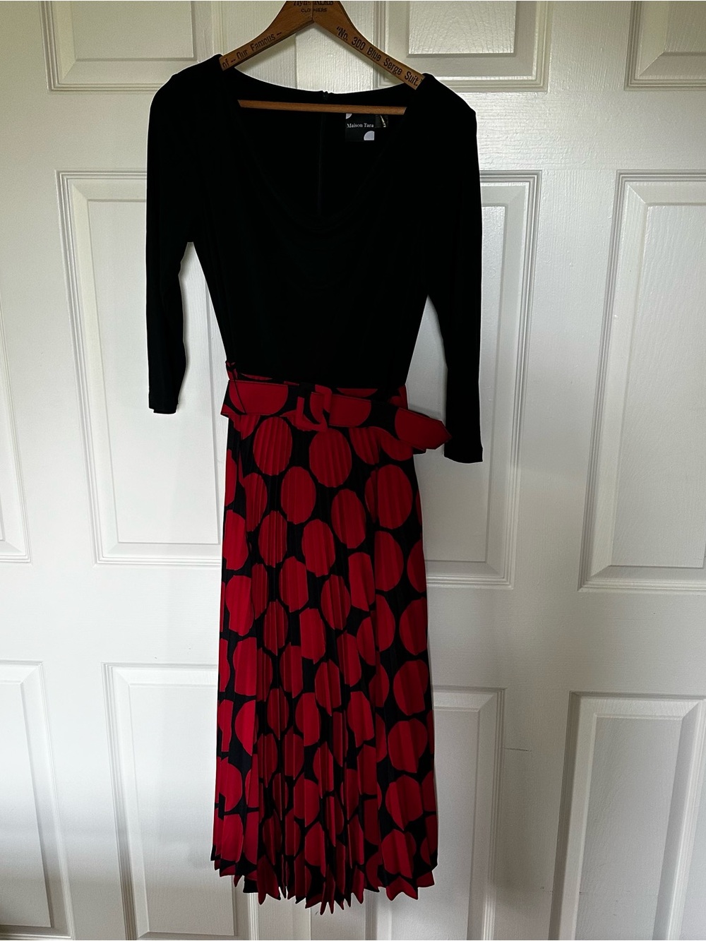 Maison Tara Black Top with Red Polka Pleated Midi Skirt